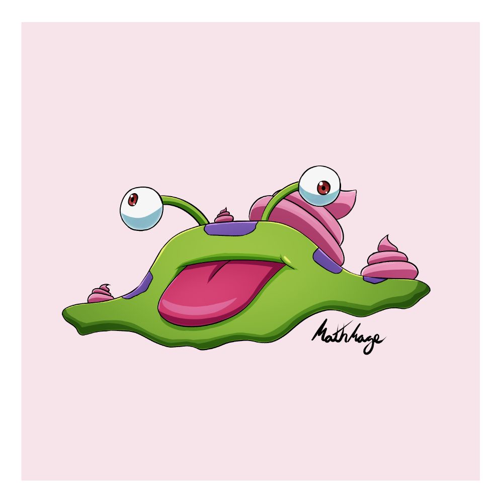 Drawing of a Numemon (a green slug-like Digimon with purple spots on its back, a large mouth, and a long tongue)
Its mouth is closed, but its tongue is sticking out and there is some pink poop on it.
