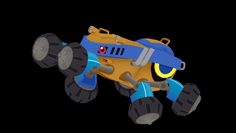 3D model of DigiBeetle from Digimon World 2 (it is a vehicle that resembles a beetle, having 6 legs with a wheel at the end of each leg), it is tan orange, has a blue stripe that divides its body horizontally, and has red eyes in front. It has both front legs raised and is leaning forward and upward.