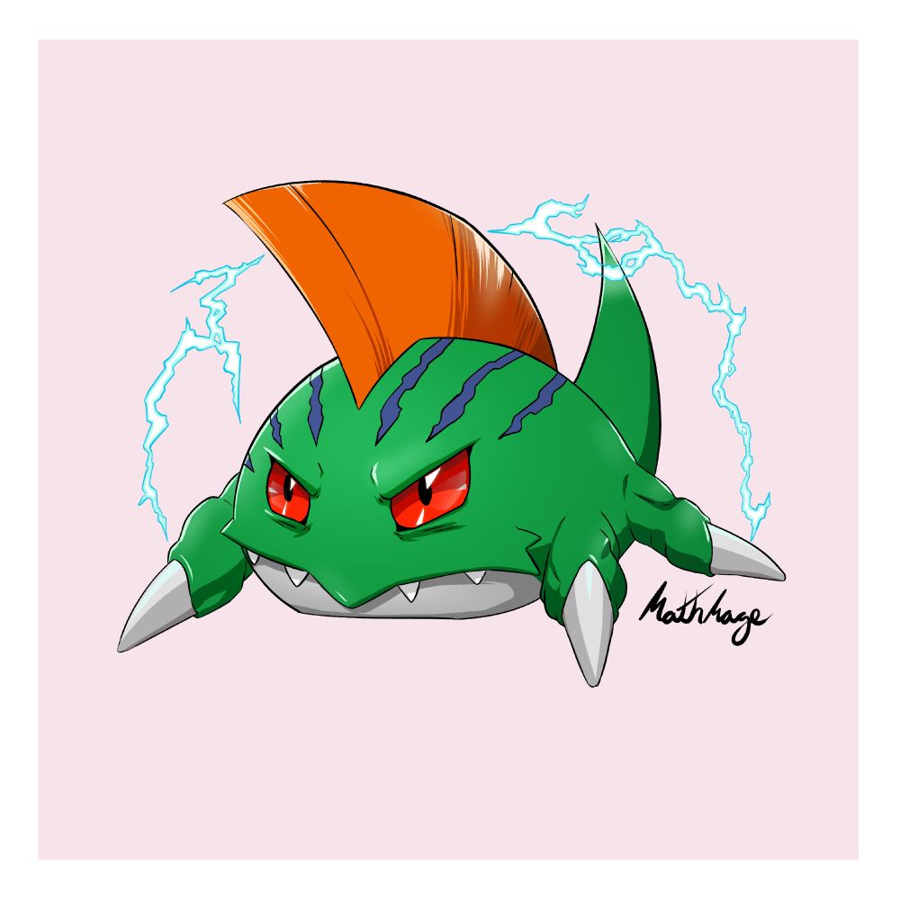 Drawing of Betamon, a green amphibious Digimon with large red eyes, a white belly, four legs with a single white claw on each, and an orange fin in the middle of its head and back.
It is nervous and releasing some lightning bolts around it.