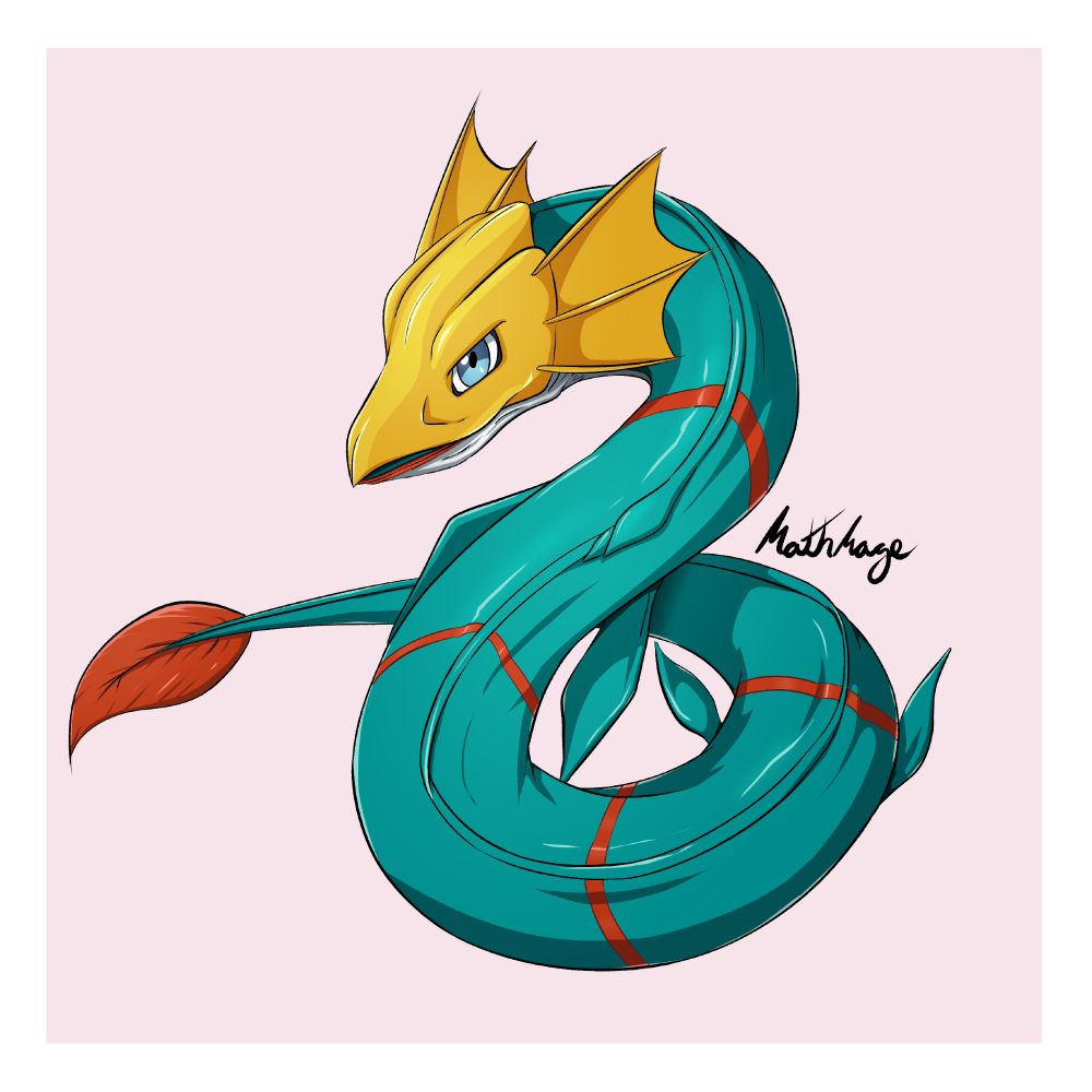 Drawing of Seadramon (a snake-like sea dragon Digimon with a long body, blue upper body with five red stripes along its back, white lower body, and a head with a yellow shell) uncoiling and looking toward the screen.