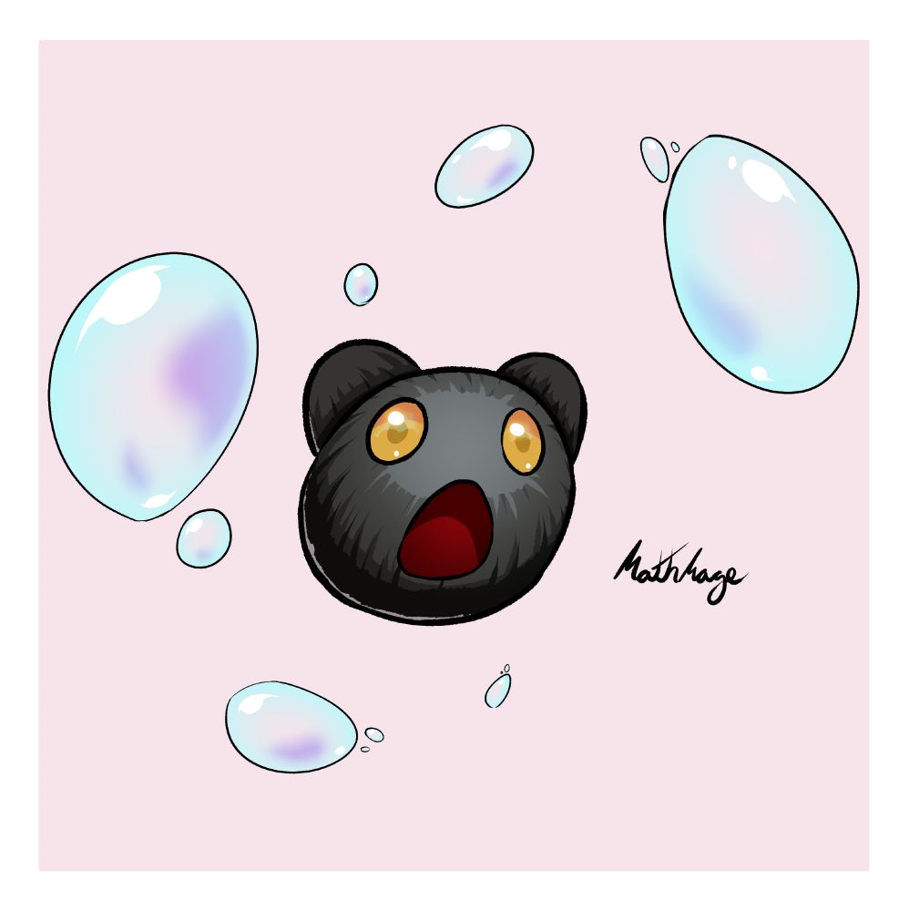Desenho de um Botamon (Um digimon que é uma bolinha felpuda preta, com olhos amarelos e pequenas orelhas redondas parecendo caroços) com a boca aberta. Com bolhas ácidas ao redor