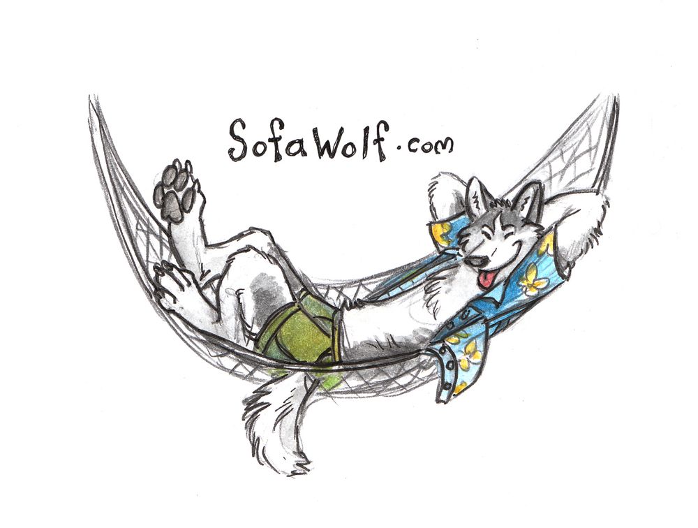 A cartoon husky drawn by Blotch of an unbuttoned Hawaiian-print shirt and green shorts lounges in a hammock. 