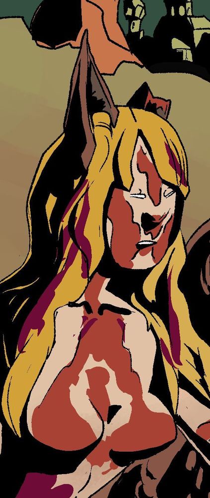 Cat girl covered in blood from her wounds and her enemies