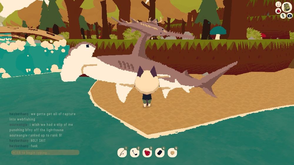 An in-game screenshot of Webfishing. Two cats hold their giant fishes up to one another. One is a hammerhead shark, and the other is a sawshark.