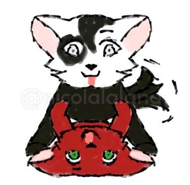Black and white dog wagging its tail with its tongue out on top of a red dog with green eyes with its tongue out (I think)