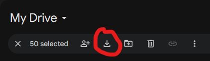 screenshot of Google drive showing 50 items selected with the download button circled in red