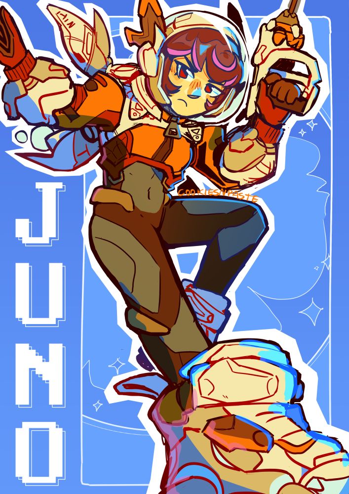 an illustration of Juno from overwatch, she's floating with a shoe close up to the camera, looking stern while holding her weapon and has an orange overlay on top of her, with blue and pink rimlights on either side of her. the background behind her is blue with a rectangle holding an abstracted version of her speed boost circle things (idk what theyre called) with next to it, in a pixel font the text "J U N O"