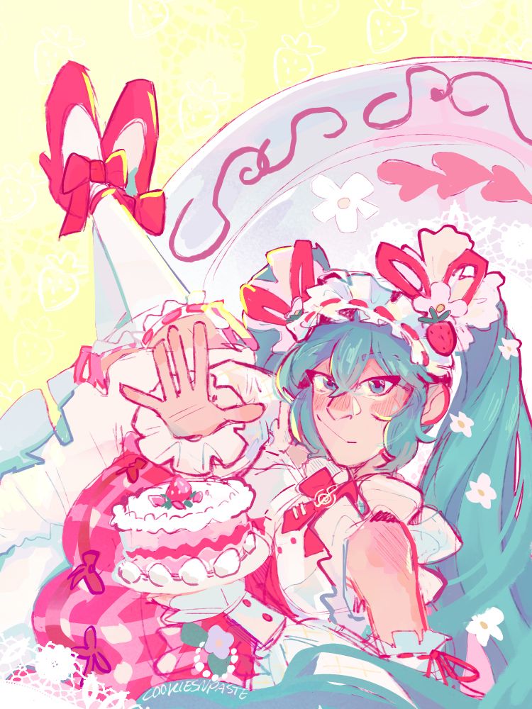an illustration of the vocaloid character Hatsune Miku, she is wearing a frilly red and white dress with strawberry decals. she is leaning onto an arm, which is carrying a cake, and waving with the other, with her legs pointing up. behind her is a large plate