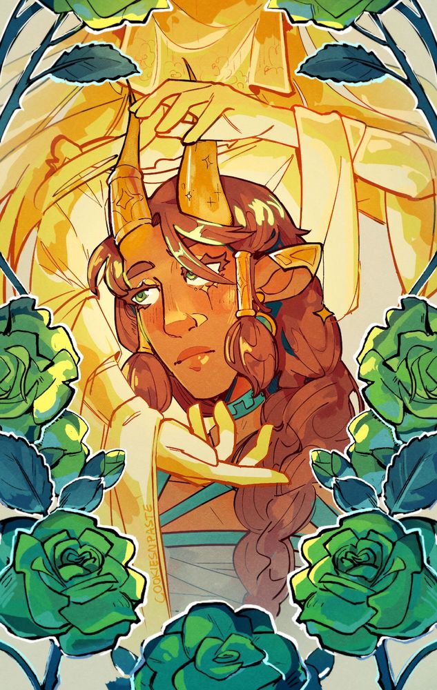 a headshot illustration of an orange tiefling with long braided auburn hair, golden horns and jewerly. Behind him is a vague golden figure wearing a veil and flowey clothes, the figure has their hands framing (above and below) the tieflings face. Around the corners of the image are green roses
