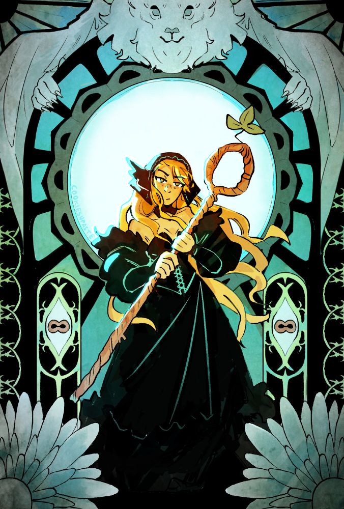 An illustration of Marcille from Delicious un dungeon, she is wearing a fur trimmed black dress and holding a wooden staff, looking at the camera menacingly. Behind her is a symmetrical background featuring eyes, feathers, and the head of a lion. a white circle frames her head and upper torso