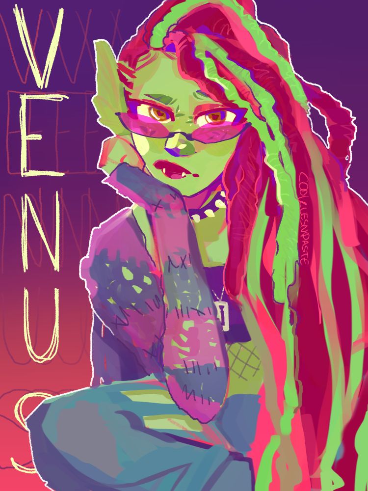 an illustration of the monster high character Venus McFlytrap, she is sitting, chin leaning on her hand. She's wearing pink sunglasses, a dark purple crop top and spiked choker, an purple striped cardigan and jeans with cutouts in them. She's rocking the hairstyle of her first G3 doll. In the background theres text saying "VENUS"