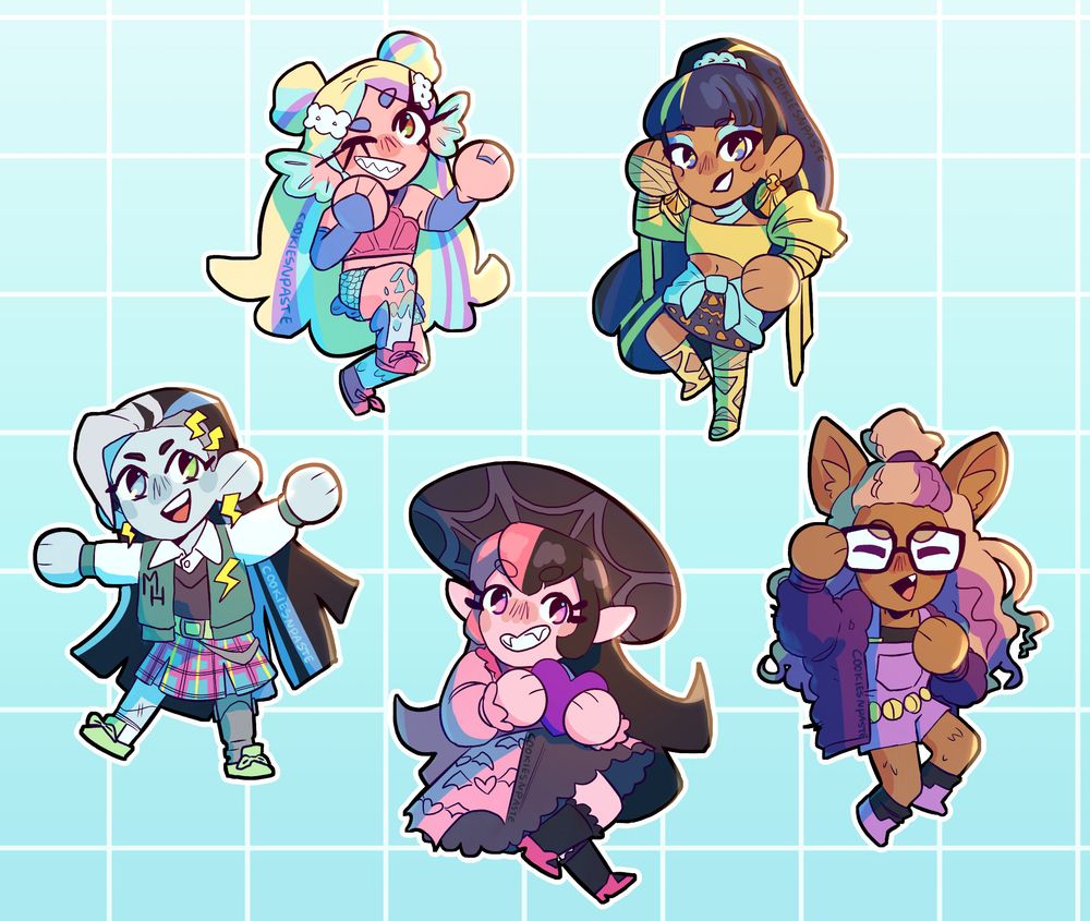5 chibi drawings of characters from G3 Monster high floating above a blue grid background. The characters are: Lagoona Blue, Cleo de Nile, Frankie Stein, Draculaura and Clawdeen Wolf