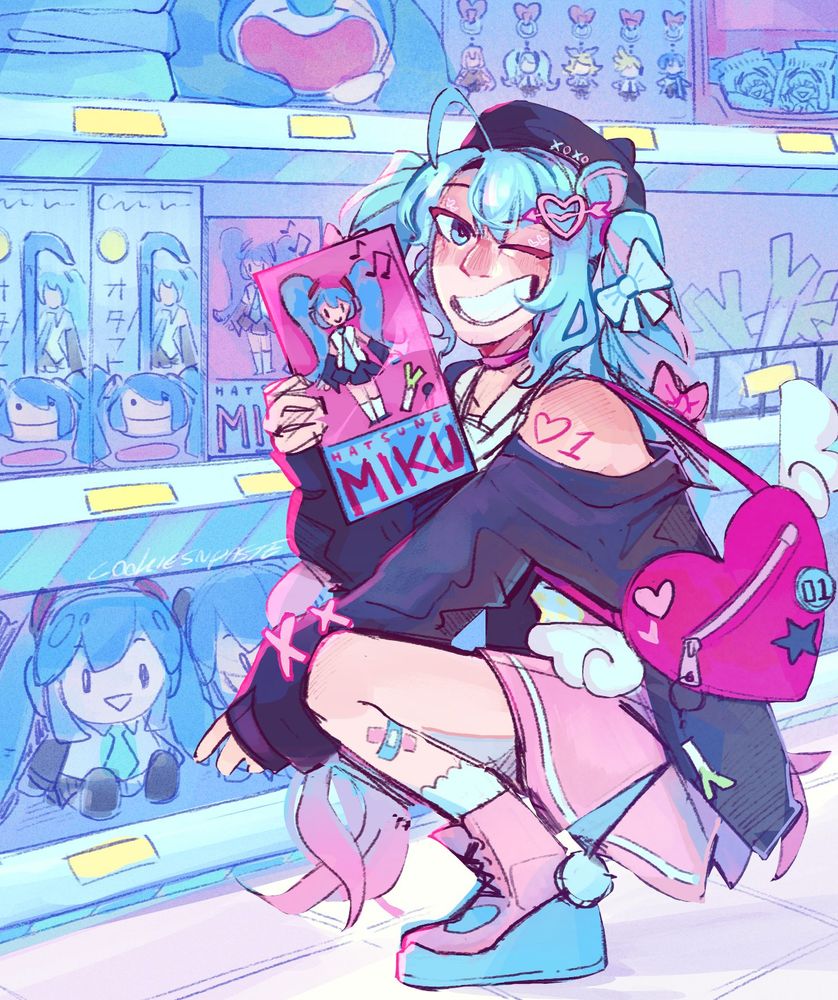 An illustration of the Vocaloid character Hatsune Miku, wearing a cute heart themed outfit, in a toy isle filled with Vocaloid (mostly Miku) merchandise. She is holding a box with a doll of herself inside