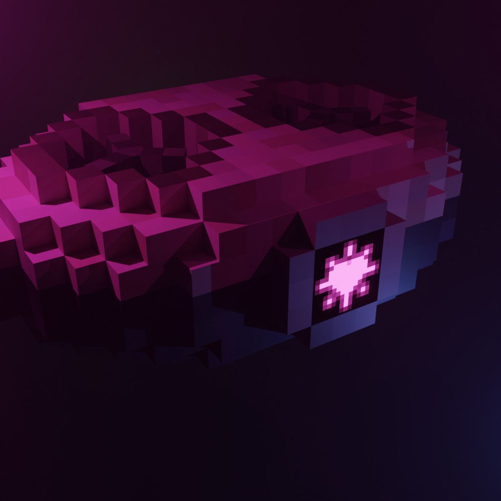 Version Minecraft de Léon le Robot, éclairé par des lumières violettes et roses qui colorent sa surface. Son œil affiche un cœur pixelisé lumineux