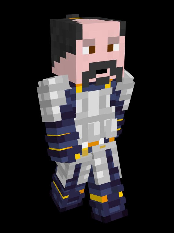 Mon skin minecraft pour Transposia. C'est un samouraï sans casque, avec une moustache une barbiche et une coupe de cheveux traditionnelle. Son armure est argentée avec une sous cuirasse en acier et des rappels en or par-ci par-là.