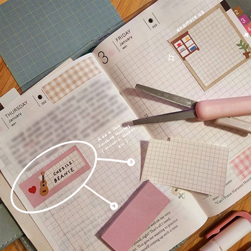 Photo of an open hobonichi techo with two sticky notes and an example of them combined. 