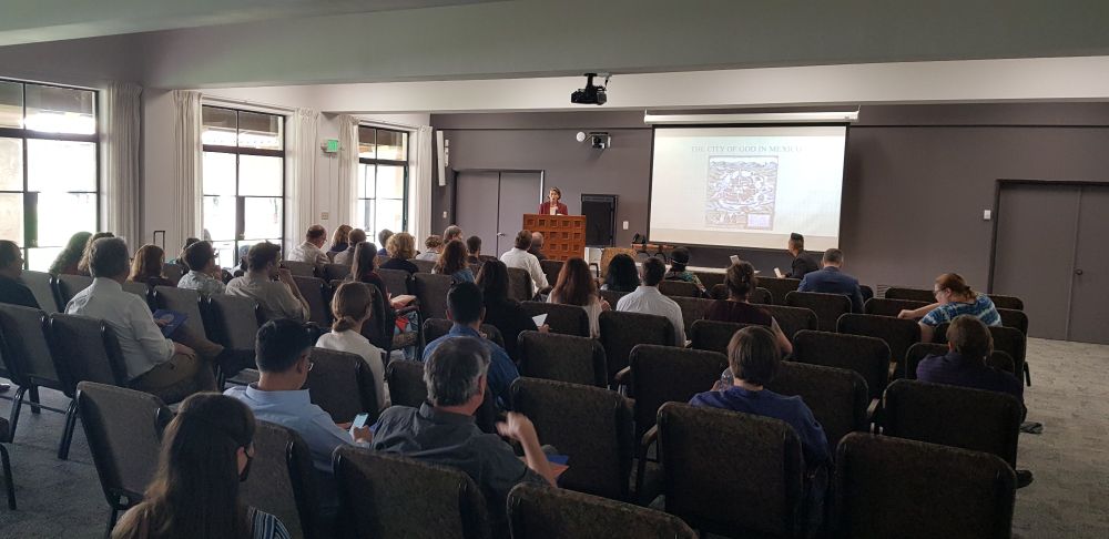 Beth Digeser, Lead Organizer for SFXV, welcomes our attendees to the conference in the beautiful Bonaventure hall of the Old Mission Santa Barbara!