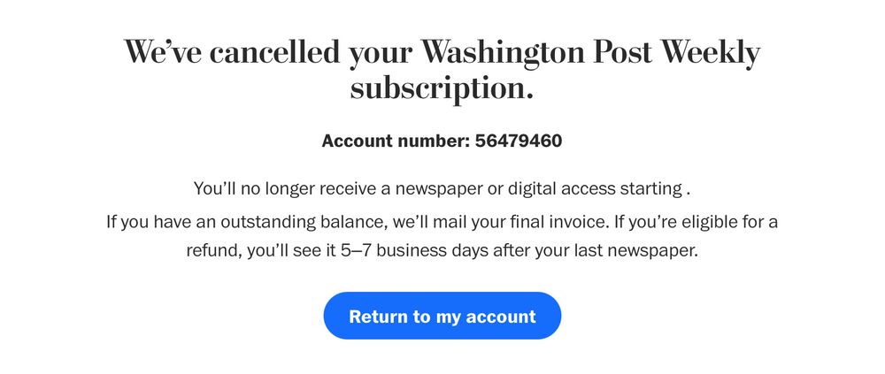 Screenshot of Washington Post cancellation message 