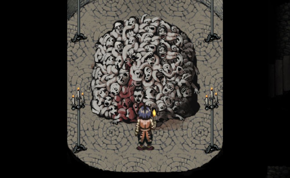 Screenshot aus dem Spiel Fear & Hunger:
Blick auf ein großes, zusammenhängendes Gewirr aus diversen Personen, die miteinander verschmolzen sind und z.T. bluten, innerhalb eines nur teilweise beleuchteten Dungeons