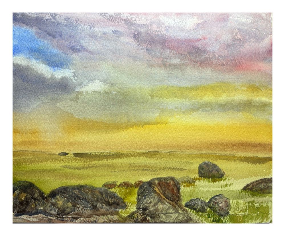 Painting of a sunset looking across Dartmoor, Devon, UK. 