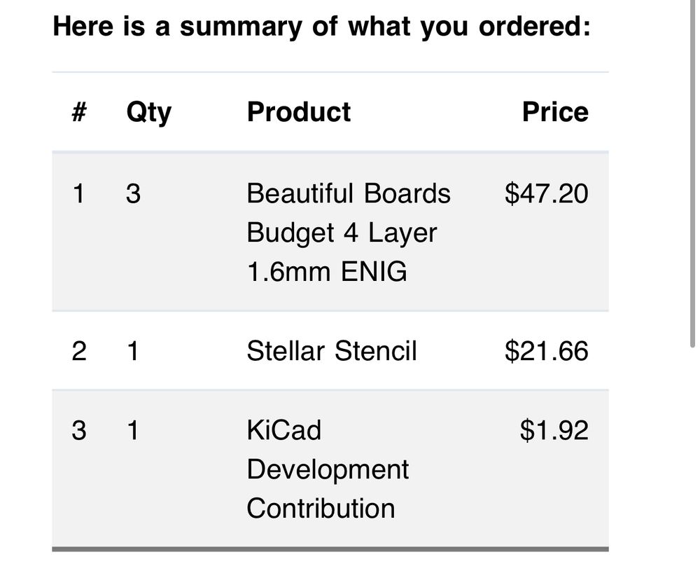 Receipt of an Aisler PCB fabricator order, including a small donation for Kicad EDA software