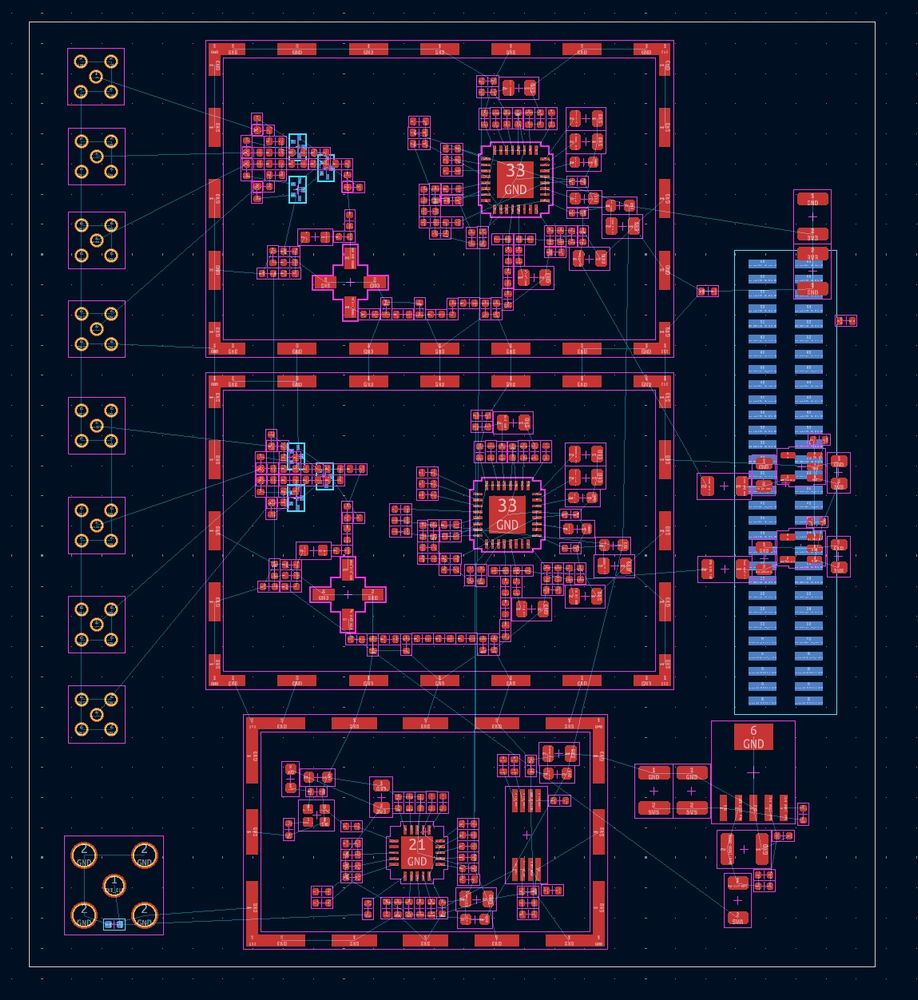 Picture of a PCB layout with three groups of components for a mixer LO, demodulator LO, and digital sampling clocks.