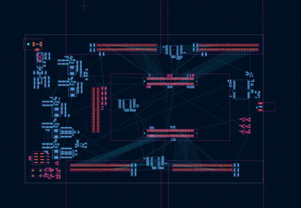 “Base” board for an FPGA SOM in the middle, 4 RF channels (two along the top, two along the bottom edge), clock/LO generation board on the left. Power supples are on the bottom of the base board. 