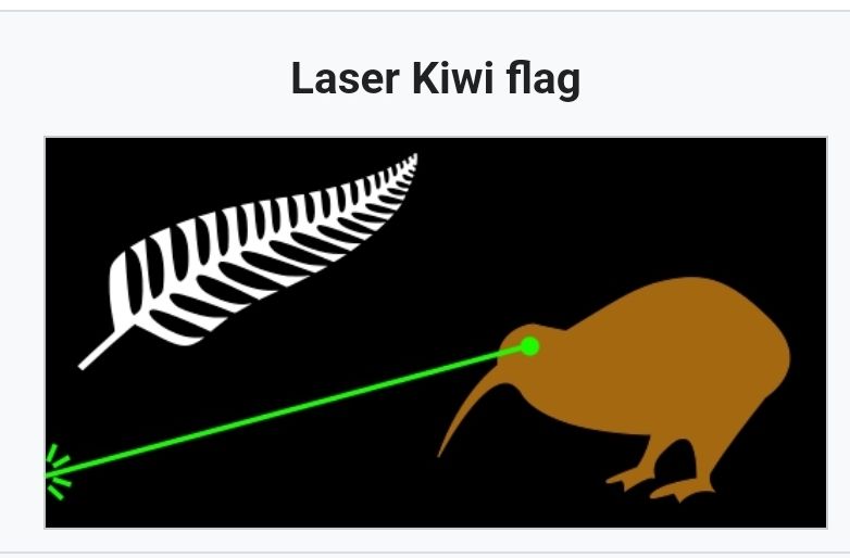 A black flag charged with a New Zealand fern and a kiwi shooting a green laser beam from its eye