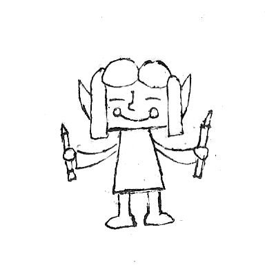 self portrait of Skeleton Screensaver, holding a pencil and a pen