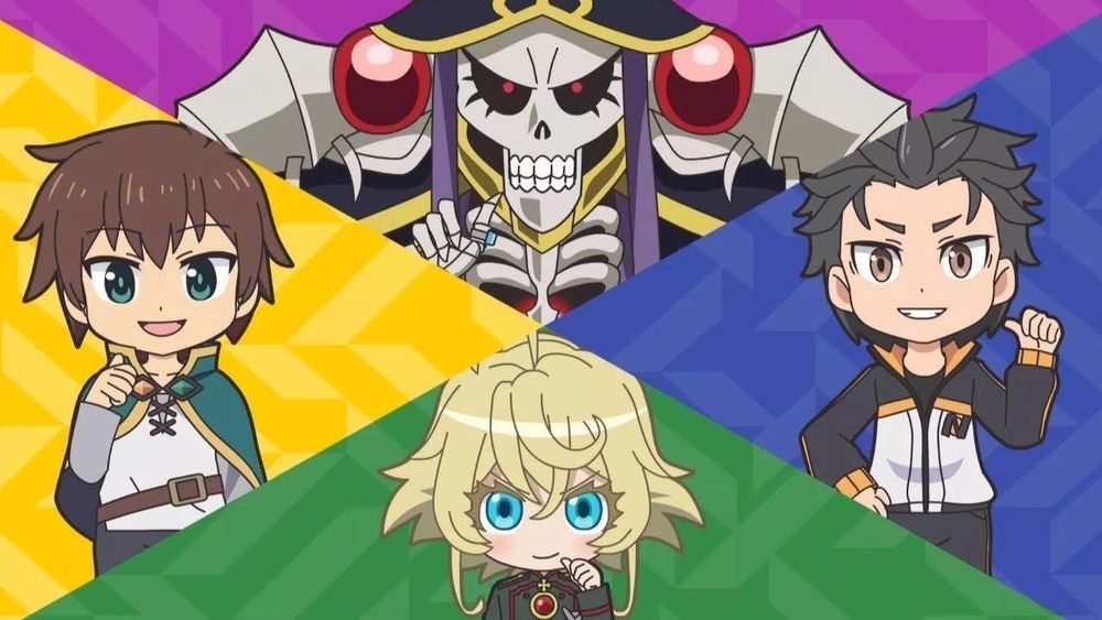 Isekai quartet (Subaru, Ainz, Kazuma, Tania en chibi)