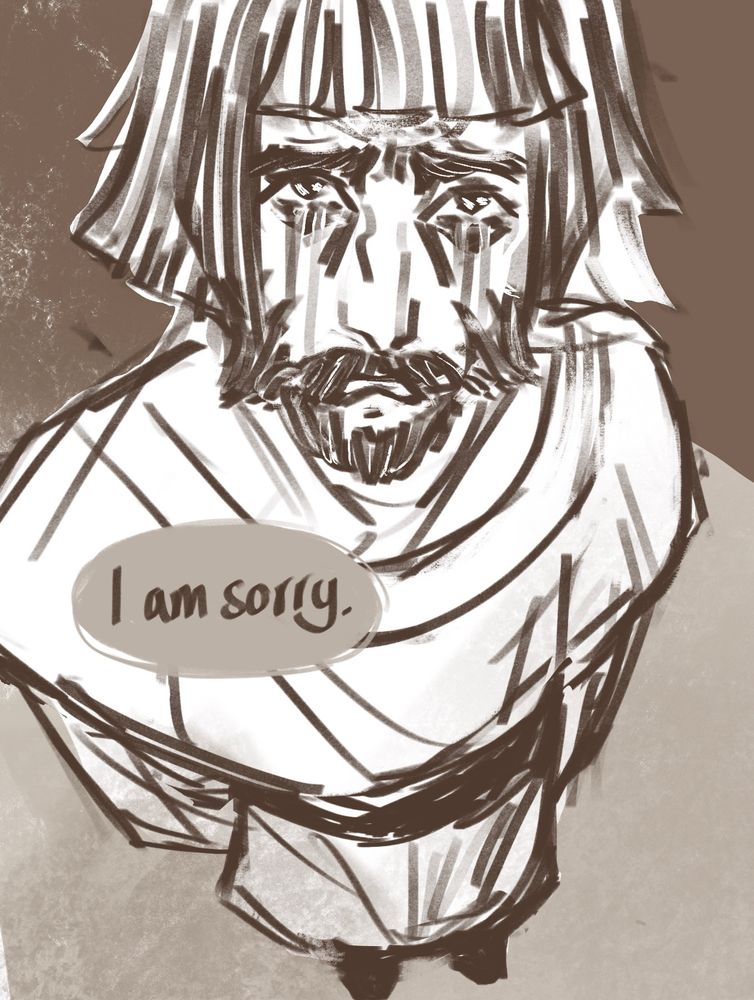 Frell looks up with a tearful expression. 
Speech bubble says: “I am sorry.”