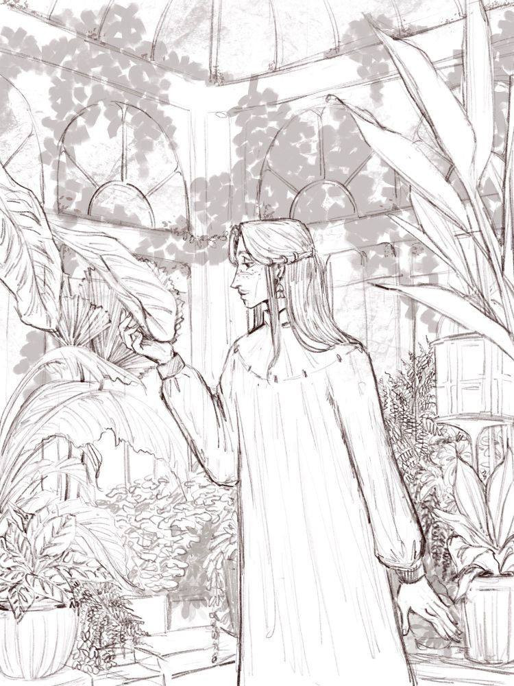 Digital pencil sketch of @adwox’s OC Prince Alpin. He is in one of his greenhouses, underdressed, as if he has removed his usual outer layers to tend to his plants. He’s touching one of the large leaves gently and smiling a little.