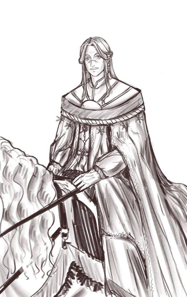 Digital sketch of @zoldyck’s oc Alpin looking pretty on his horse.