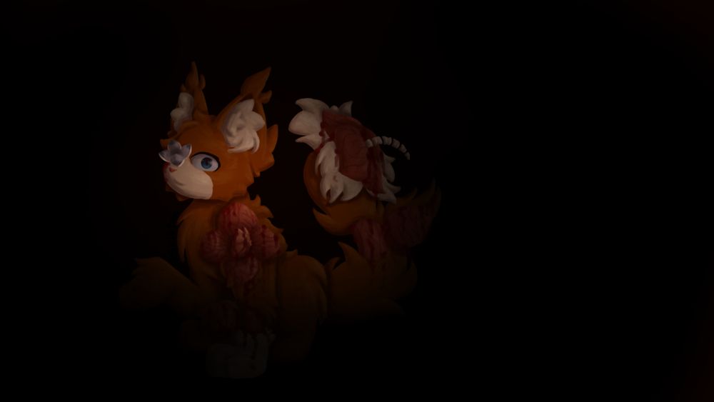 a digital painting of a fluffy orange cat who's flesh has been peeled in a way that makes the skin flaps resemble large flowers and leaves. One of these "flowers" is part of the cat's chest, revealing its heart in the center, and the other is the tip of its tail, revealing the tail's bones. The cat is facing slightly away while still staring wide-eyed at the viewer, and the eye furthest from the viewer has been quartered to resemble another flower. The cat is somewhat immersed in darkness, being shined on by an unseen light source.