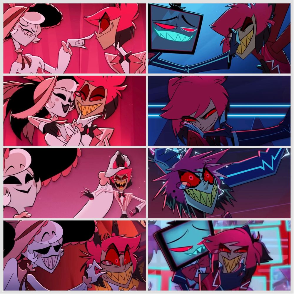 A collage comparing how Rosie and Vox touch Alastor when talking about their respective deals with him. Both grab him in similar ways, with Vox’s being more physically abusive.