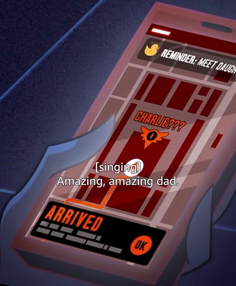 Screenshot from HazbinHotel season 2 episode 8 of Lucifer’s phone screen. At the top says “REMINDER: MEET DAUGHTER”. The screen is of a map to a location that is marked “CHARLIE???”
