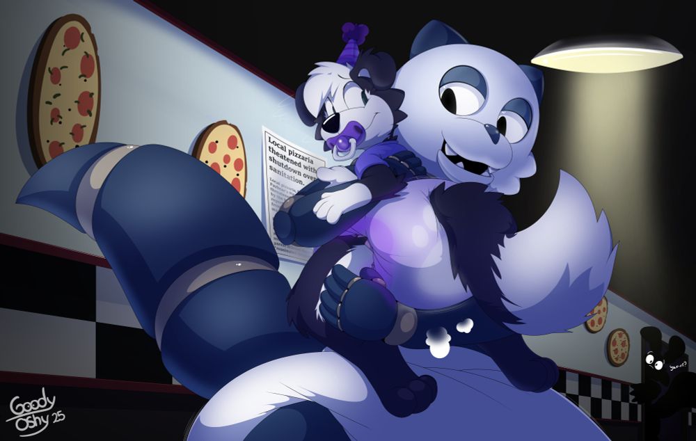 Birthday Pup being carried off by Murrow down a dark hall of a pizzeria type place.
BP is waring a purple shirt, and diaper (that has a glow in the dark paw print), purple party had and pacifier. He's looking back at Murrow in a mild worry.
Murrow is wearing a poofy white diaper. He's looking at BP with a sly smile. Like he's going to a have a good time.