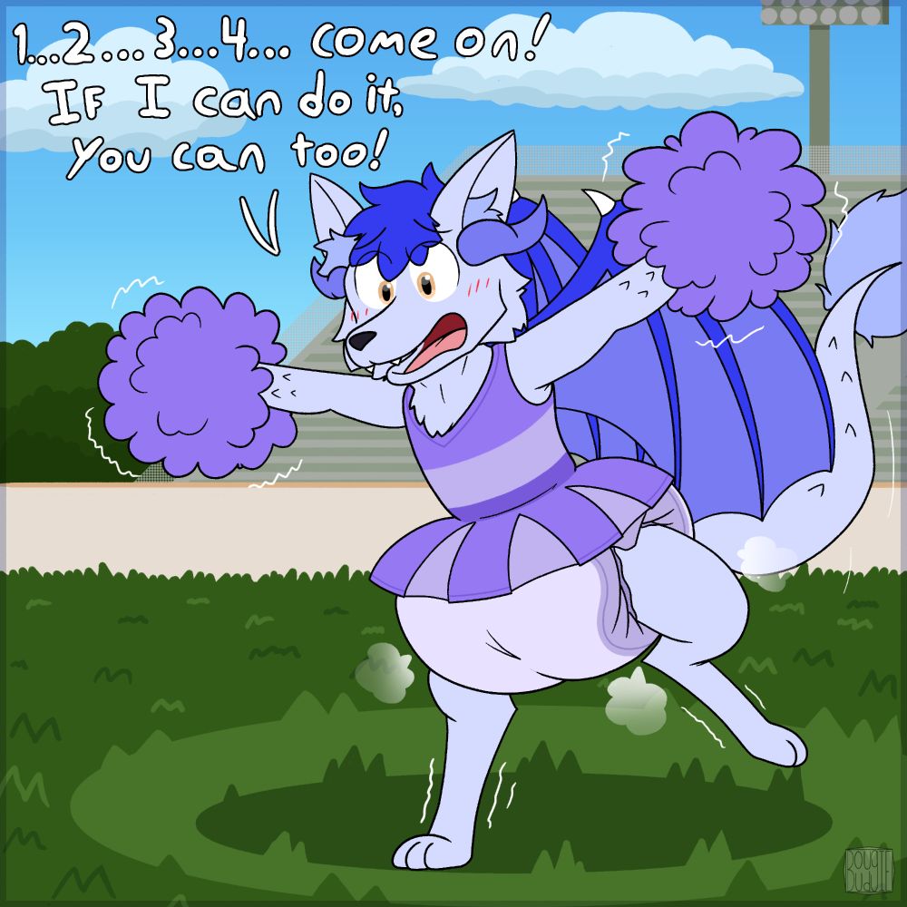 Out on the side of a sports field
A light pale blue wolf-dragon hybrid with blue hair and wings, and pale-blue horns, wearing a lavender cheerleader outfit with matching pom-poms and poofy diaper.
He's trying his hardest to do his cheer routine, struggling to balance on one leg as he shakes out his pom-poms and cheer out: "1... 2... 3.. 4... come on! If I can do it, you can too!"