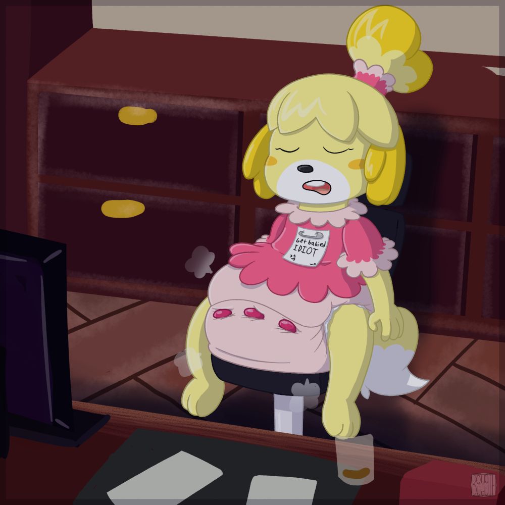 Isabelle (from Animal Crossing) in her office, snooing on a chair. Unaware that she's been dressed in a poofy diaper and a pink frilly onesie dress with a button snap crotch. A note that's pined to the onesie's chest, it says: "get babied IDIOT" with a winking smiley face with a tongue sticking out doodle on it.