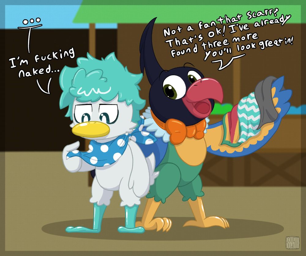 Al and Luci are in an outdoor market.
Al is wearing nothing but a blue, with white spots, bandana around his neck. He's holding an end of it up and looking down at it, unamused/unsure.
Luci, who's wearing an orange bowtie, is standing behind him, holding up three more bandanas. He's a lot more cheery than Al.

Al: "..."
Luci: "Not a fan of that scarf? That's ok! I've already found three more you'll look great in!"
AL: "I'm fucking naked..."