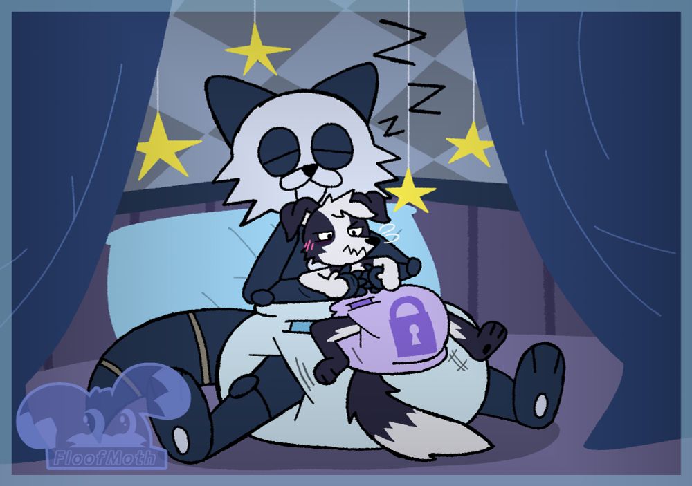 Murrow napping in a little conner, holding on to Birthday Pup as he struggles to escape Murrow's hugging grasp on him. BP looks rather annoyed at the situation he's in.
Both of them are only wearing big poofy diapers. BP's is purple with a padlock symbol on it and Murrow's an off white blue.