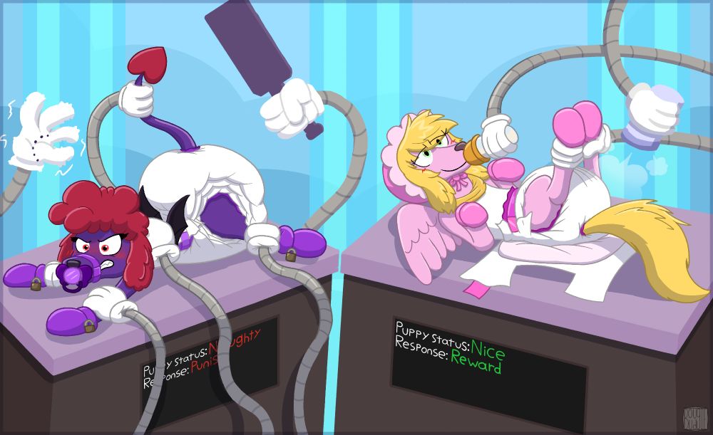 In an angelic automatic nursery.
Two feral dogs, a pink angelic saluki with blond hair and a purple demonic poodle with red hair, are placed on their own robotic changing tables with robotic hands diapering and pampering them.
The angelic saluki is cozily laying on her back at the machine bottle feeds her while powdering her to diaper her in a second layer. She's waring a pink bonnet, mittens, booties and a white diaper.
The demonic poodle is angerly stuck lying on her stomach, her legs have and body and have held and restrained in place as the machine, being prepared to be spanked by a paddle. This was caused by her bighting one of the machine hands. She's wearing purple locking mittens and booties, a purple paci-gag, and three layers of poofy white diapers.