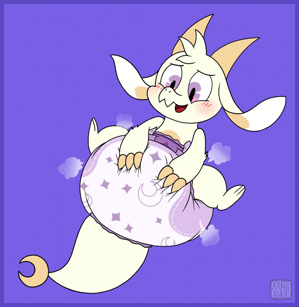 Fwench Fwy (from Chikn Nuggit) wearing a poofy purple diaper with little stars and crescent moons printed on it. They're laying on their back, legs spread apart form the poof. They're looking down at it with a blushy ecstaticness, though a little baffled and amazed that diapers can get this poofy. They're pressing claws into the front of the padding.