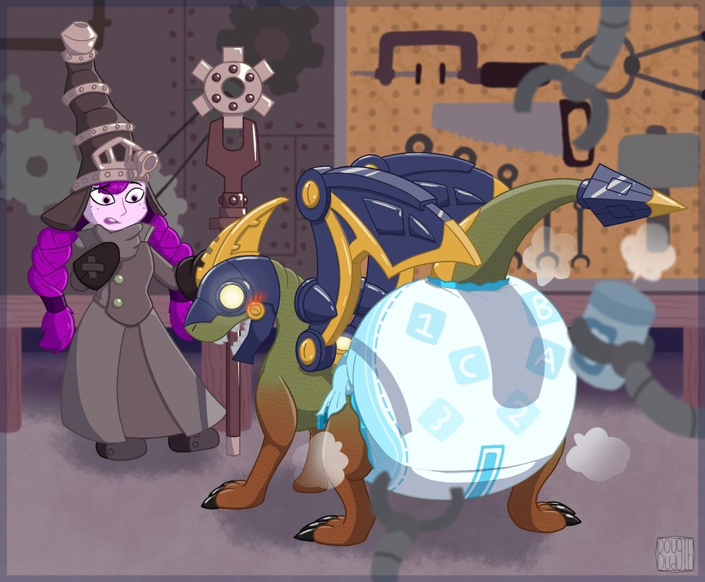 In a workshop, stands Drobot (from Skylanders), wearing a poofy diaper with baby blue trimmings, and letter and number blocks printed on it. He's standing away form us, looking back at it the padding with shock and blush. There's several robotic arms surrounding (yet retreating form) Drobot's diapered back. As if they were just finishing diapering the cyborg drgon.
In the back stands Mags (also from Skylanders), where she's rubbing her chin in confusion by what just happened to Drobot.