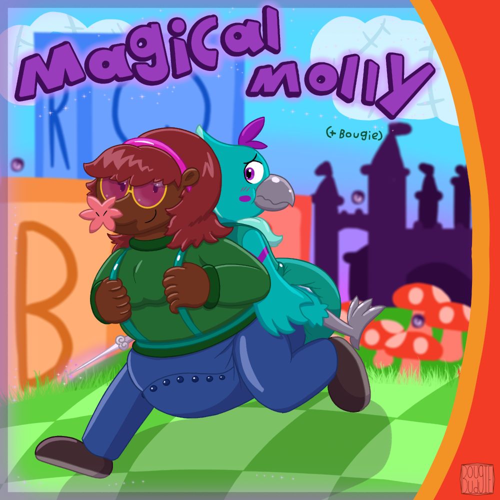 A box art for a fake game: Magical Molly (+ Bougie)

It has an anthro female mole with dark red hair, happily walking down a fantastical environment, with giant letter blocks, mushrooms and a castle in the background. While she looks at the turquoise anthro male bird carrying in a backpack type harness. While the bird looks at her blushing/flustered about the situation he's in.
The mole is wearing a pink hairband, a pair of round glasses with gold trim and pink lens, a green sweater, a pair of dark shoes and a pair of jeans with a poofy diaper bulge underneath it and a button strap across the crotch.
The bird is wearing a dark turquoise onesie with straps attached to it, that's how he's being carries like a backpack. There's a poofy diaper underneath it. 