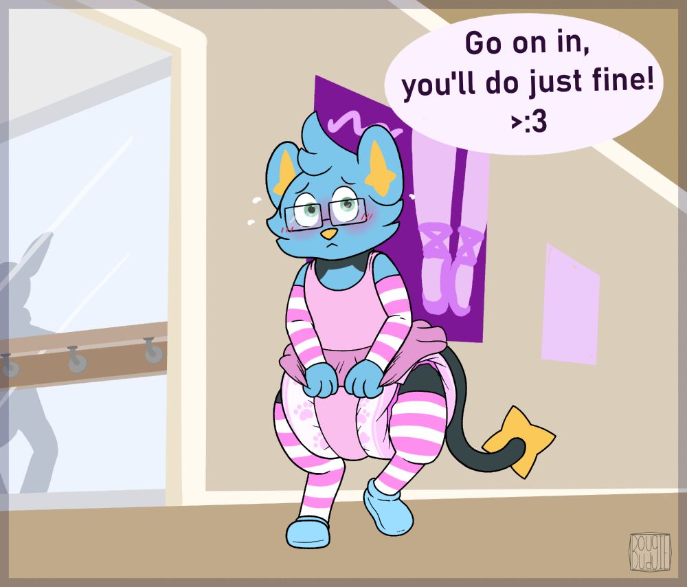 A semi-anthropomorphic male shinx (with green eyes, and a little scar above his left eye) is wearing a pair of rectangular glasses, pink and white stripped arm-warmers and stockings, a pink ballerina leotard with a short tutu/skirt, a pair of light blue booties, and a poofy white diaper with pink trimmings and paw prints printed on it. The crotch of the leotard barely covers the diaper wraps under and presses into it.
The shinx is standing in a hallway in front of an door that's open showing a ballet class. He's got one foot nervously a little in the air, as he fruitlessly tug down on his tutu to hide the diaper he has on.
He anxiously looks off to the side of him at someone out of view, they are saying "Go on in, you'll do just fine! >:3"