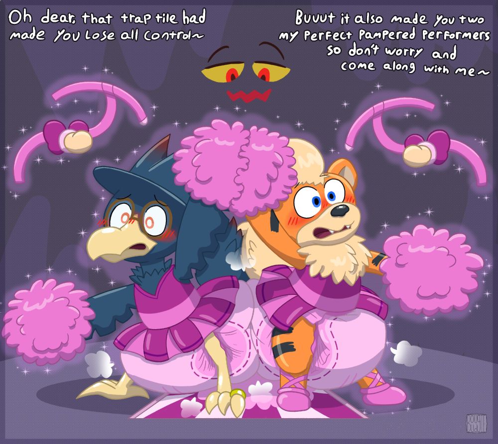 A Murkrow and Growlithe have both stepped on a trap tile and are now wearing matching pink cheerleader outfits, with matching pom-poms and poofy pink diapers. They are magically compelled to do a cheer pose against their will, as seen on their flustered, blushy faces.
Their cheer pose is them facing back to back, causing their diapers to press into each other. One arm in the air (with are touching each other) and the other pointing forward, slightly downwards.
There's a pair of matching pink paci-gags floating towards them.
A face of a Mismagus looms over them teasing the two, saying: "Oh, dear, that trap tile had made you lose all control~ Buuut it also made you two my perfect pampered performers, so don't worry and come along with me~"