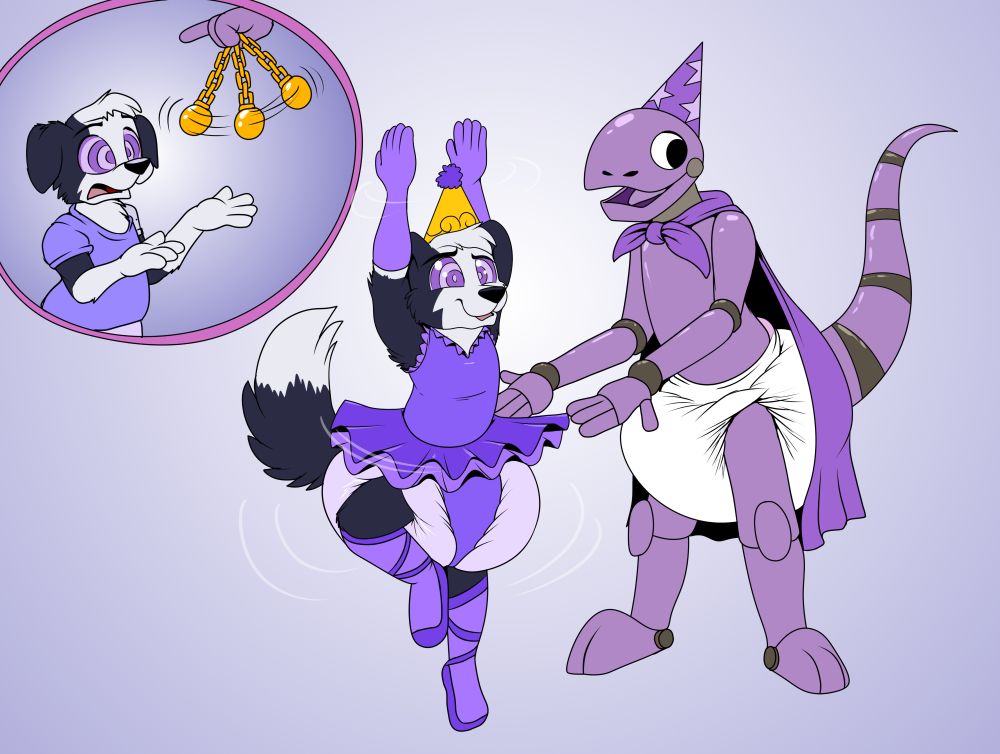 Birthday Pup getting hypnotized by a golden pocket watch being swung in front of his face by Lizard Wizard. Then BP is now dressed up in a purple tutu, poofy diaper, leggings, gloves and slippers and a golden tiara. He's doing a ballet pose in a happy hypnotized daze. While Lizard wizard proudly shows him off to the audience. They're wearing their own poofy white diaper.