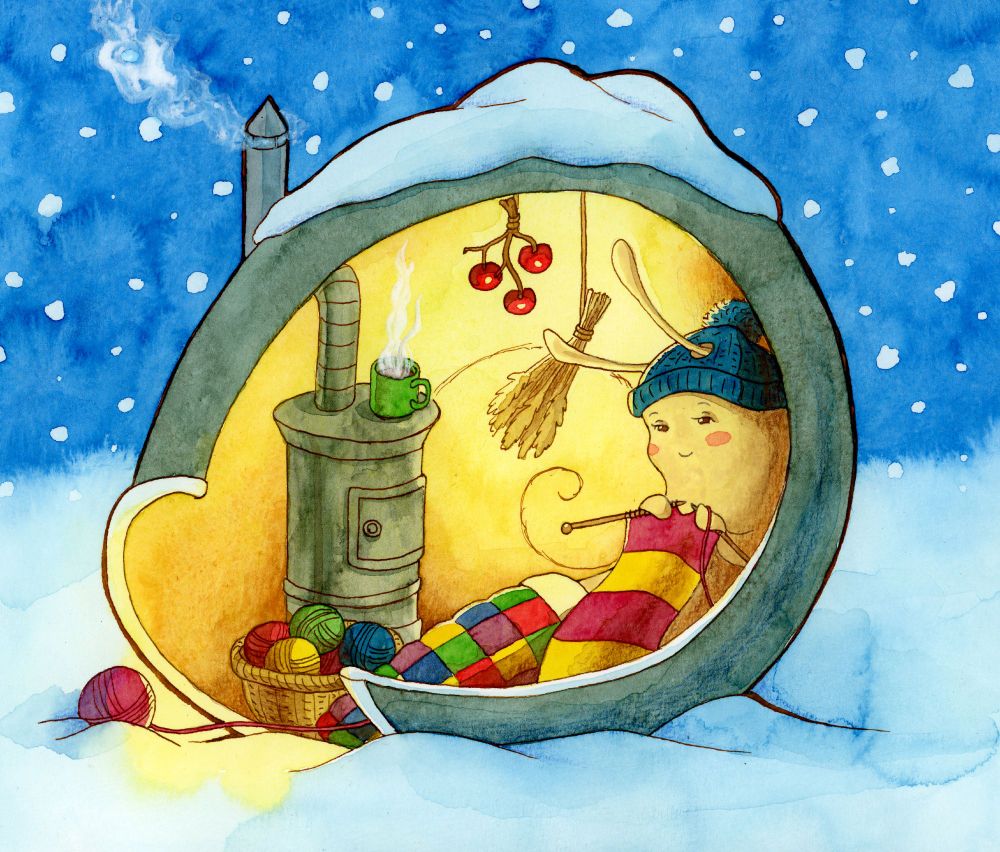 Eine kleine Schnecke sitzt in ihrem Haus und strickt. Um sie herum liegt Schnee, aber im Häuschen ist warmes Licht. Auf dem kleinen Ofen steht ein dampfender Becher und die Schnecke sitzt unter einer Patchwork-Decke. Auf dem Kopf trägt sie eine Pudelmütze
