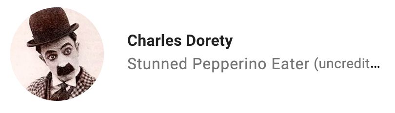 A man who looks like a cross between basically every silent film comedian. His name is Charles Dorety. His credit is listed as "Stunned Pepperino Eater (uncredit..."